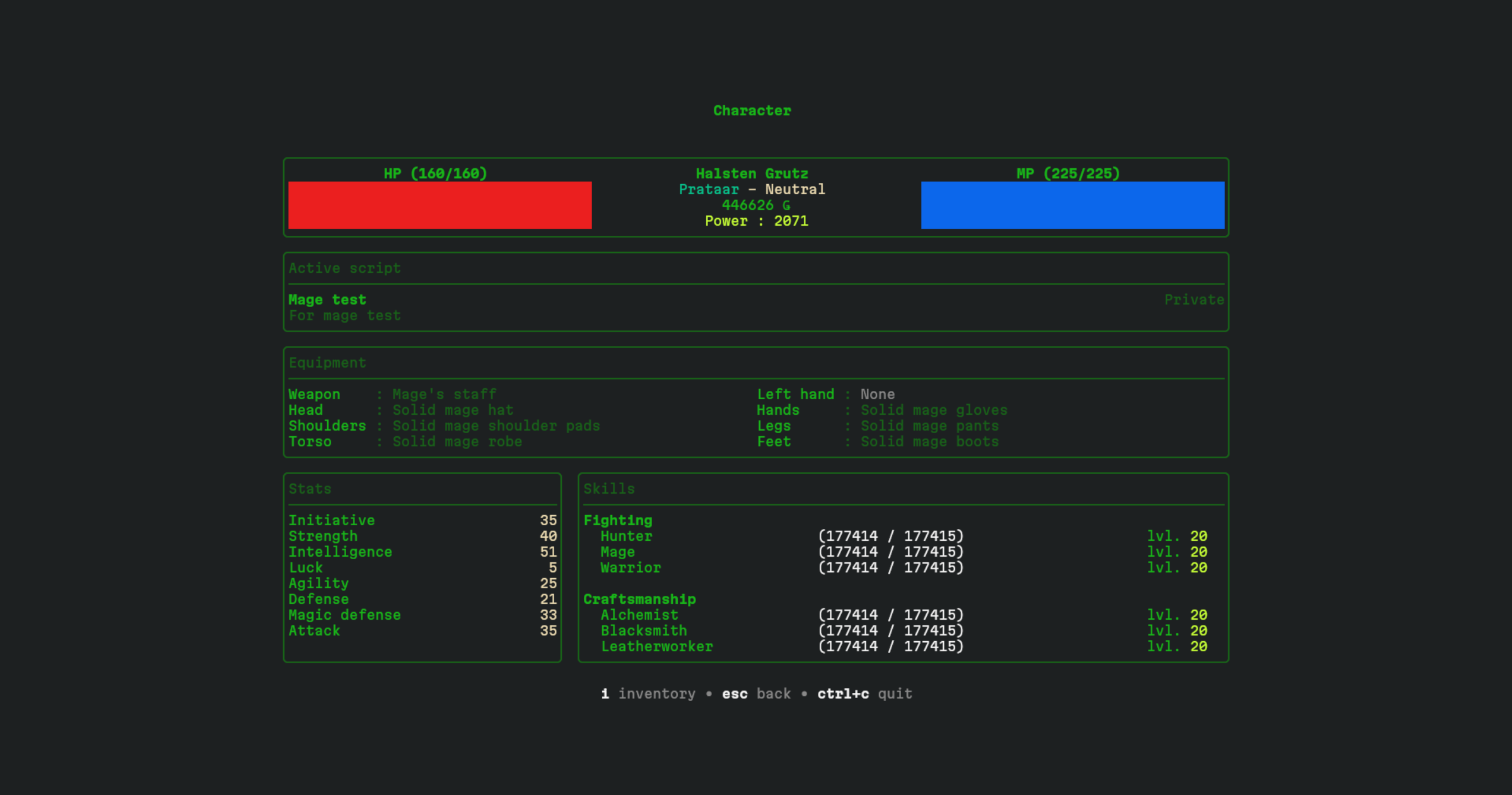 Screenshot of the character sheet