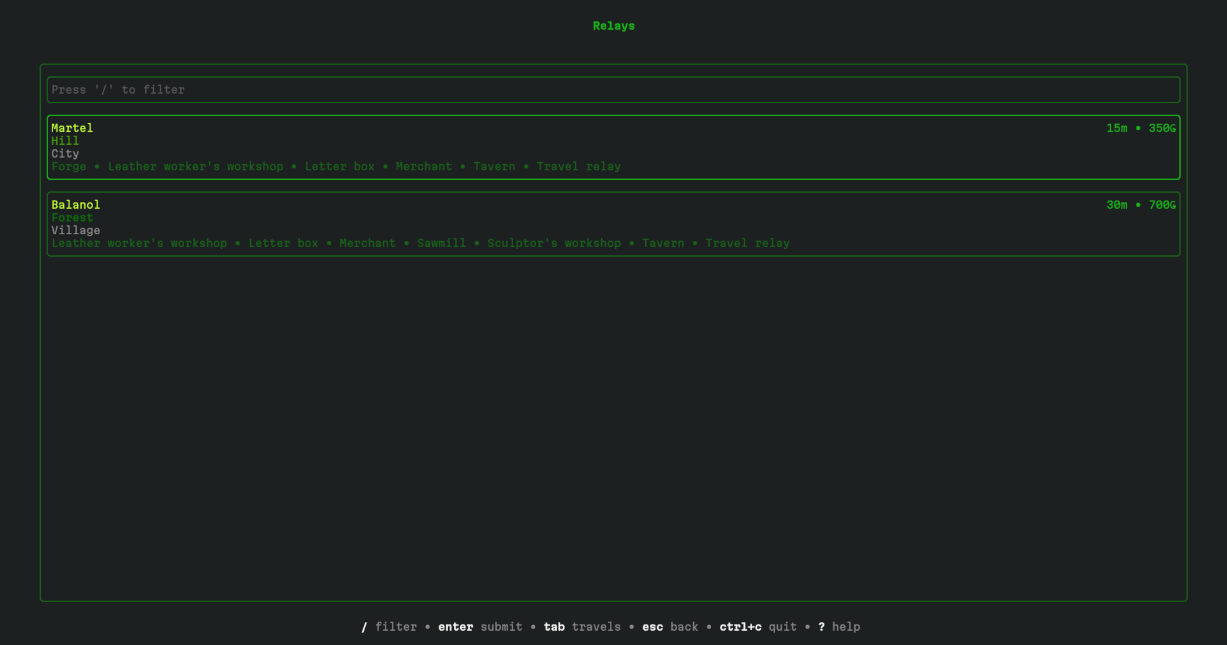 Screenshot of the available travel relays