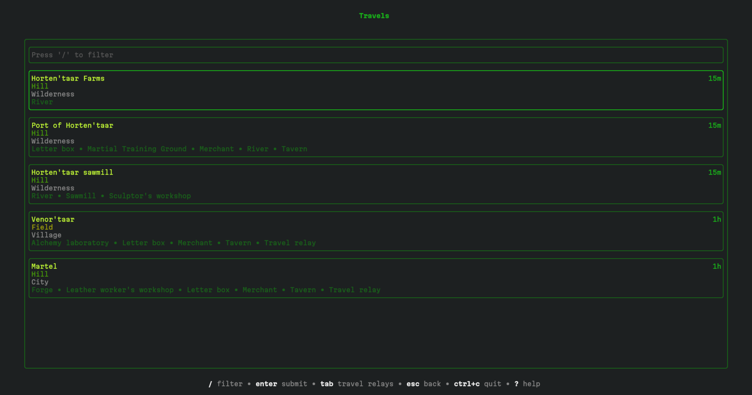 Screenshot of the available travels